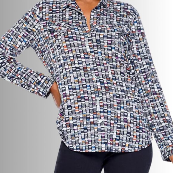 Nic + Zoe Button-Up Shirt Coffee Cup Print Womens L Whimsical Casual Unique‎ - Picture 1 of 9